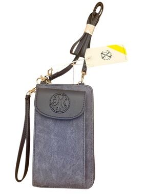 Christian Lacroix Blue Gray Leather & Fabric Crossbody Phone Pouch